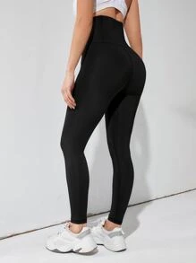 Easithlete Yoga Leggings High Stretch Button Front Tummy Control Super High-Waisted Gym Leggings - Black - View 2