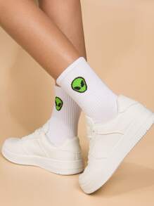 Alien Pattern Crew Socks - White - View 1
