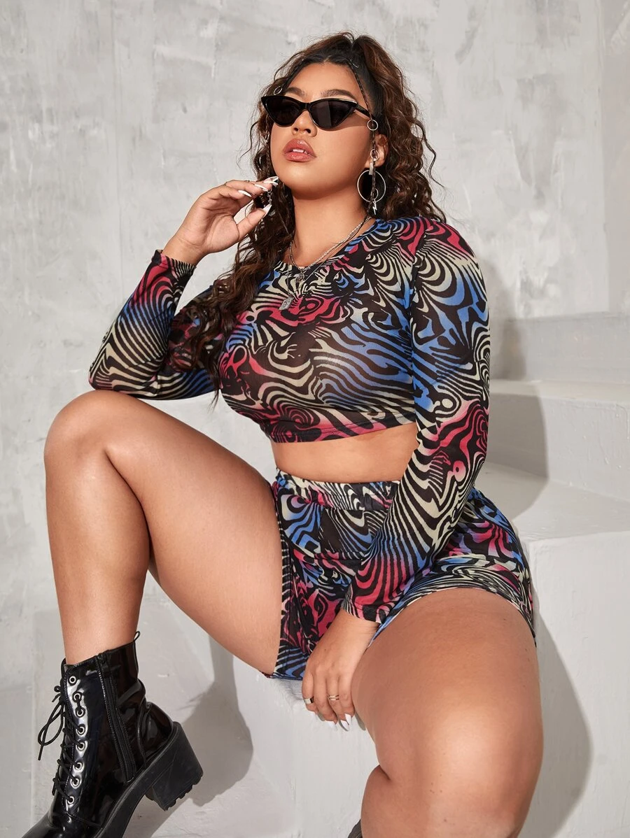 大碼滿版圖案短款上衣帶短褲 - 彩色 - 查看 1