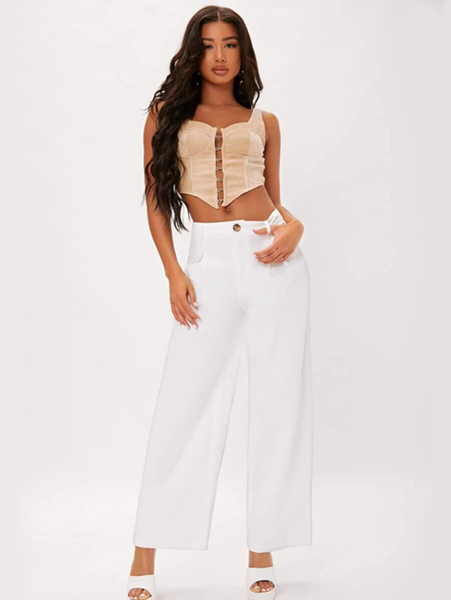 SHEIN Tall Women Suit Pants Nút Dây kéo màu trơn - trắng - Xem 1