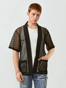 Manfinity Camisa de malla holgada para hombre con frente abierto - Negro - Ver 1