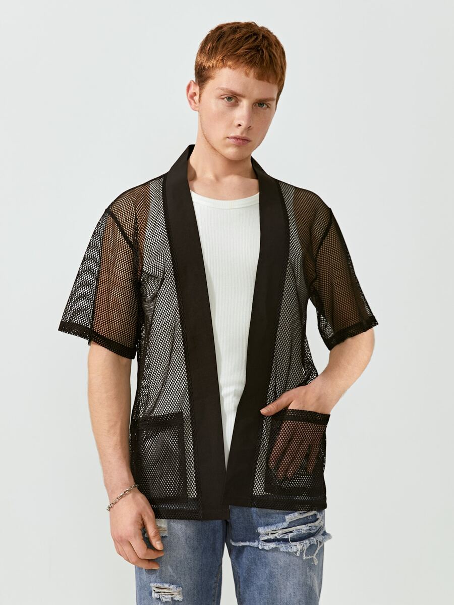 Manfinity Camisa de malla holgada para hombre con frente abierto - Negro - Ver 1