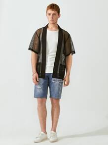 Manfinity Camisa de malla holgada para hombre con frente abierto - Negro - Ver 3