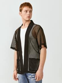 Manfinity Camisa de malla holgada para hombre con frente abierto - Negro - Ver 4