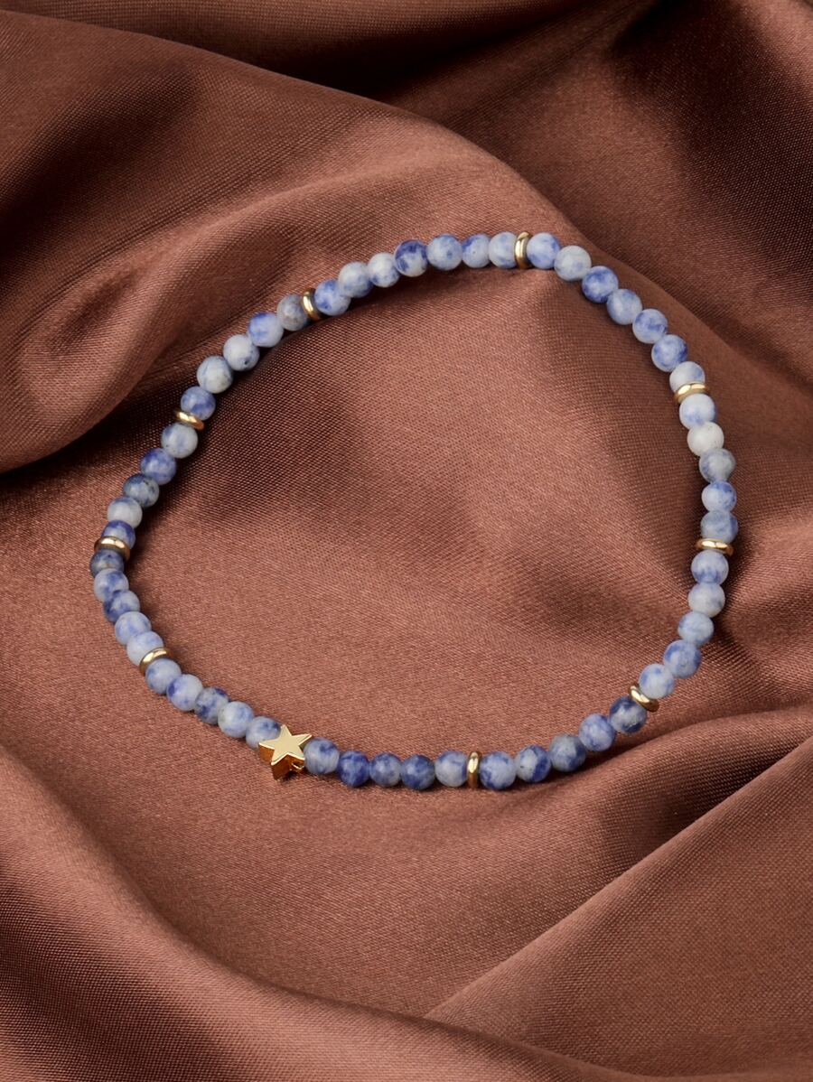 Star Decor Beaded Anklet - Blue and White - View 1