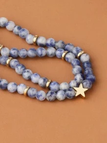 Star Decor Beaded Anklet - Blue and White - View 5