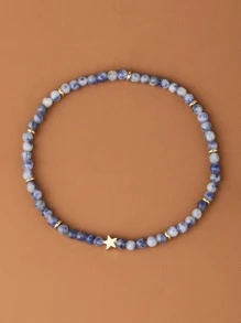 Star Decor Beaded Anklet - Blue and White - View 7