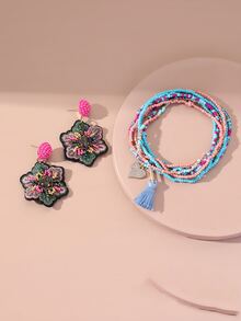 EMERY ROSE 7入組流蘇墜飾串珠手鏈和花耳墜 - 彩色 - 查看 1