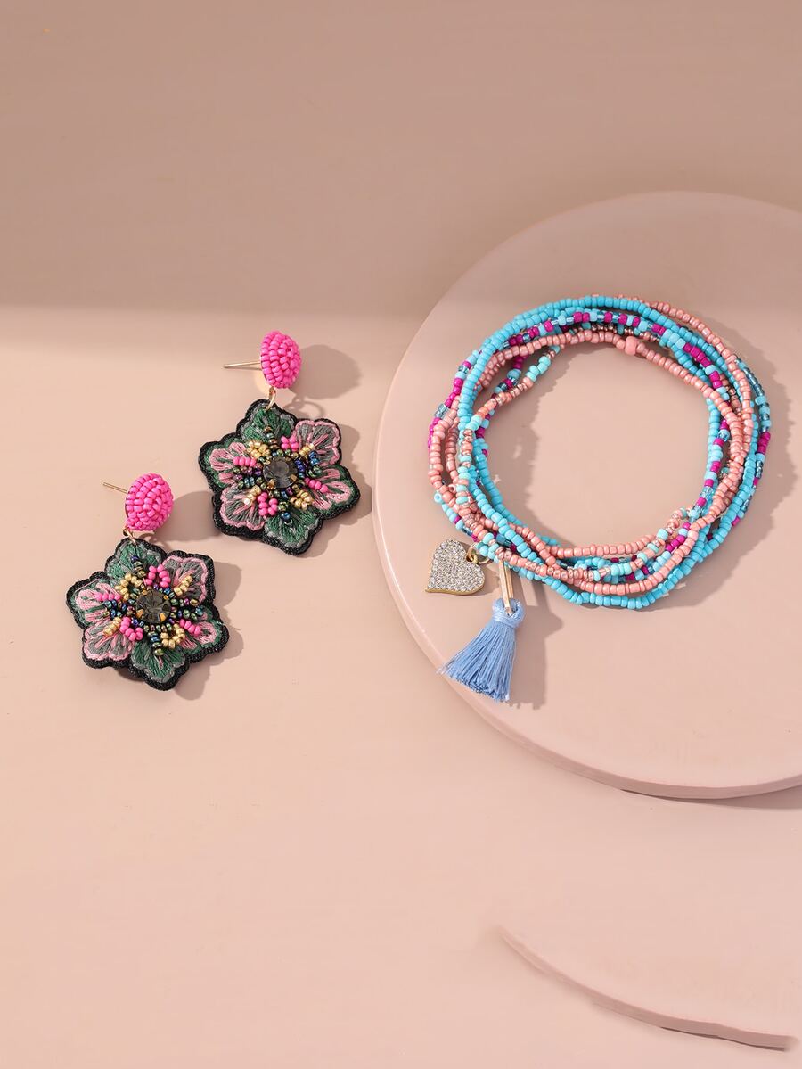 EMERY ROSE 7入組流蘇墜飾串珠手鏈和花耳墜 - 彩色 - 查看 1