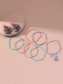 EMERY ROSE 7入組流蘇墜飾串珠手鏈和花耳墜 - 彩色 - 查看 2