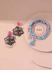 EMERY ROSE 7入組流蘇墜飾串珠手鏈和花耳墜 - 彩色 - 查看 4