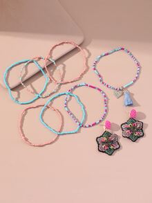 EMERY ROSE 7入組流蘇墜飾串珠手鏈和花耳墜 - 彩色 - 查看 5