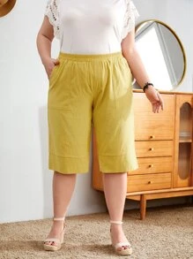 EMERY ROSE Plus Slant Pocket Elastic Waist Trousers - Yellow - View 1