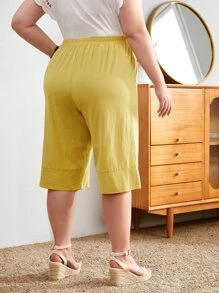 EMERY ROSE Plus Slant Pocket Elastic Waist Trousers - Yellow - View 2