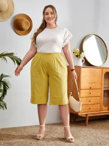 EMERY ROSE Plus Slant Pocket Elastic Waist Trousers - Yellow - View 5