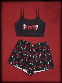 ROMWE Grunge Punk estampado de cráneo Shorts Conjunto de pijama - Negro - Ver 1