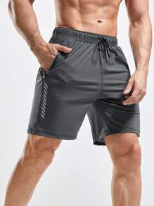 Manfinity Fitness Boyfriend Style Men Geo Print Drawstring Waist Zipper Pocket Sports Shorts, Grey Shorts Gym Shorts Jogger Shorts - Grey - View 1