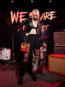 ROMWE Grunge Punk Quần thể thao nữ Lễ Các Thánh Lá thư - màu đen - Xem 3