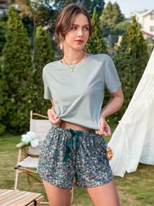 Solid Tee & Ditsy Floral Print Knot Front Shorts Pyjama Set - Multicolor - View 1