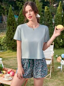 Solid Tee & Ditsy Floral Print Knot Front Shorts Pyjama Set - Multicolor - View 3