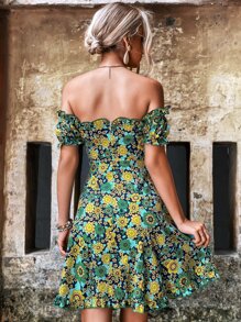 波西米亞褶皺邊 前綁帶蝴蝶結花卉印花 全身印花女士連衣裙 - 彩色 - 查看 2