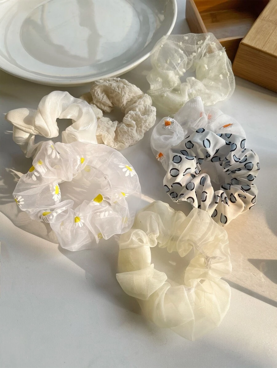 Boho風7入組菊花刺繡鬆緊帶 - 白色 - 查看 1