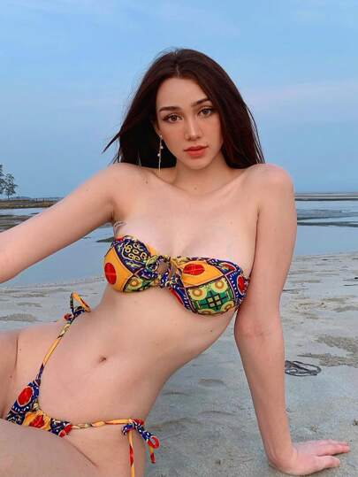 Vaytide Summer Beach Mixed Print Bikini Set Self-Tie Bandeau  Bra & Thong Bottom 2 Piece Bathing Suit