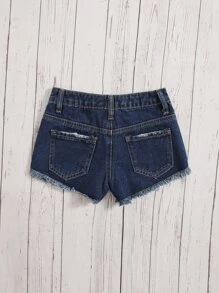 SHEIN Cô gái Tween Chi tiết Ripped Quần short Denim - Rửa tối - Xem 2