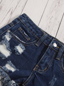 SHEIN Cô gái Tween Chi tiết Ripped Quần short Denim - Rửa tối - Xem 3