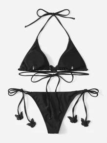 Sweetness Bikini de triángulo de decoración de mariposa con sujetador tipo halter y lazos en los lados - Negro - Ver 3