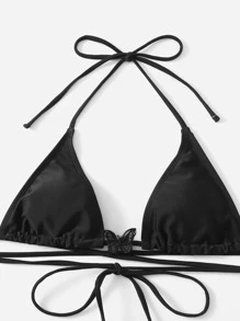 Sweetness Bikini de triángulo de decoración de mariposa con sujetador tipo halter y lazos en los lados - Negro - Ver 4