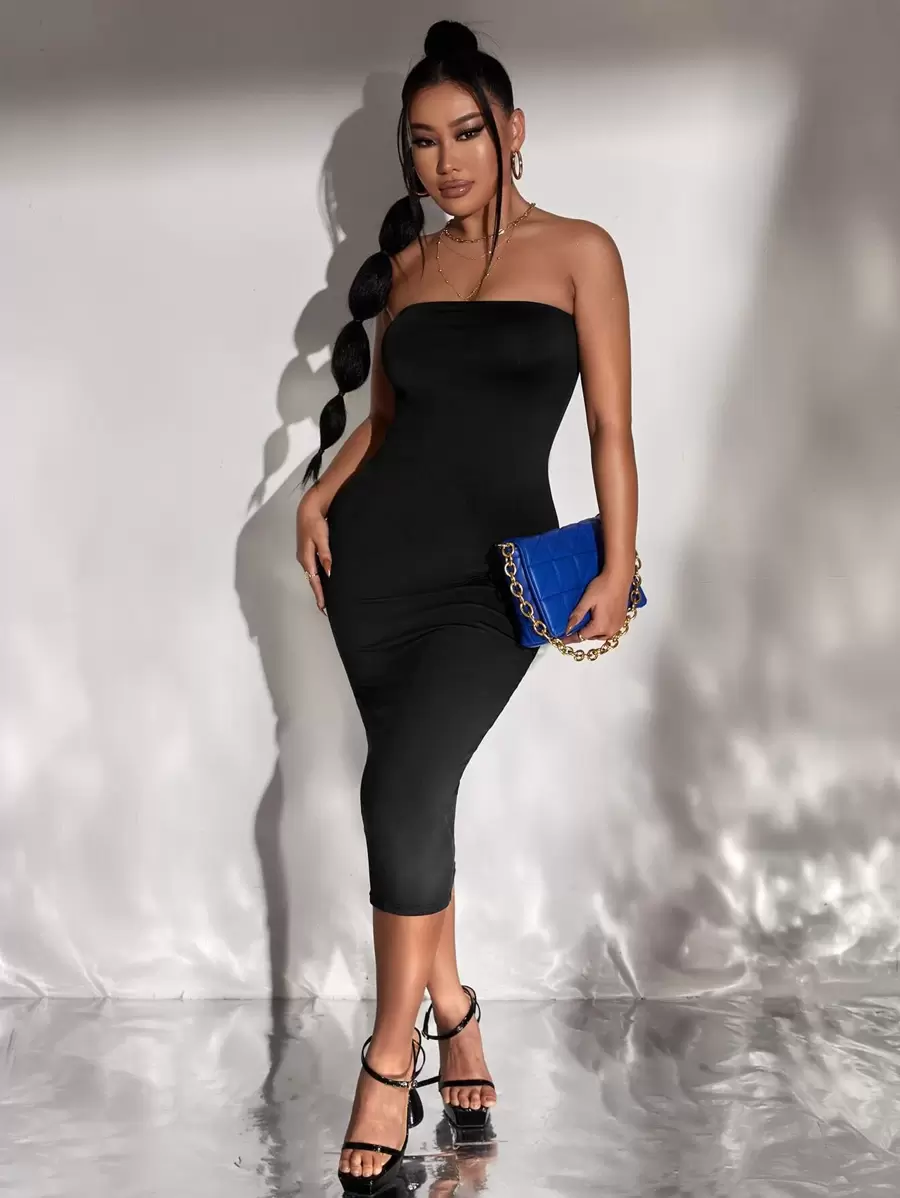 SHEIN SXY Đầm màu trơn Thanh lịch - màu đen - Xem 1