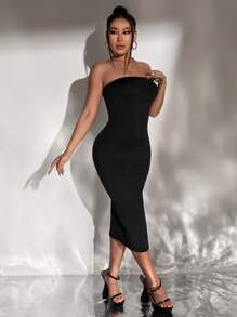 SHEIN SXY Đầm màu trơn Thanh lịch - màu đen - Xem 5