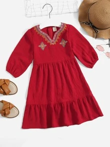 SHEIN 小女童幾何刺繡荷葉邊連衣裙 - 紅色 - 查看 1