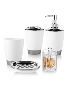 5件套乳液分配器、漱口杯和肥皂盒套装家居浴室装饰夏季 - 白色 - 查看 2