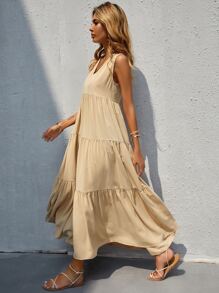 SHEIN Unity Vestido unicolor bajo fruncido de cuello V - Caqui - Ver 4