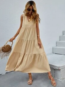 SHEIN Unity Vestido unicolor bajo fruncido de cuello V - Caqui - Ver 5