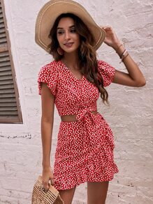 Breezaya floral Top & bajo con fruncido Falda - Rojo - Ver 1