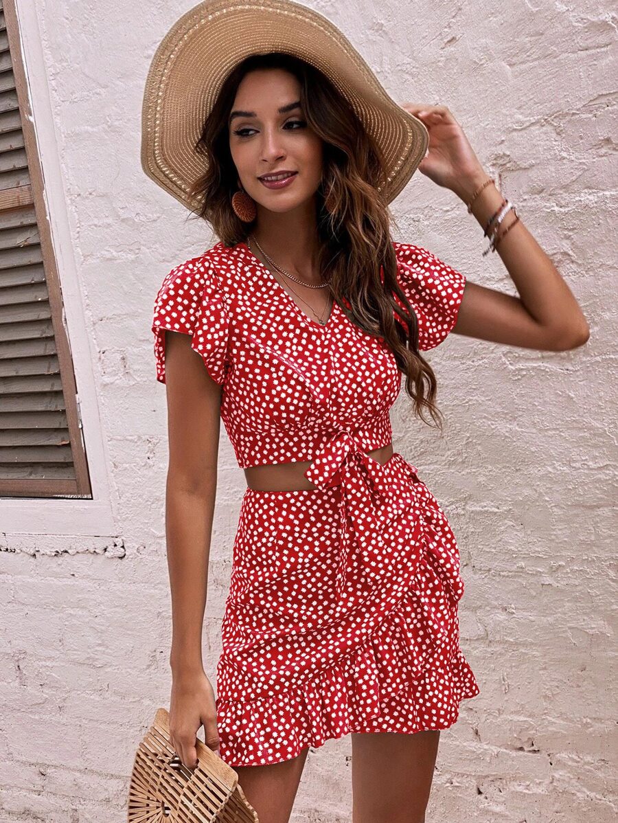 Breezaya floral Top & bajo con fruncido Falda - Rojo - Ver 1