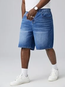 Manfinity Hombres Shorts mezclilla bermuda con lavado - Azul lavado medio - Ver 4