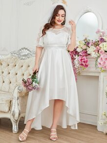 SHEIN Belle 大碼蝴蝶袖高低下擺緞面婚紗洋裝不附帶頭紗