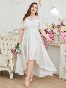 SHEIN Belle 大碼蝴蝶袖高低下擺緞面婚紗洋裝不附帶頭紗