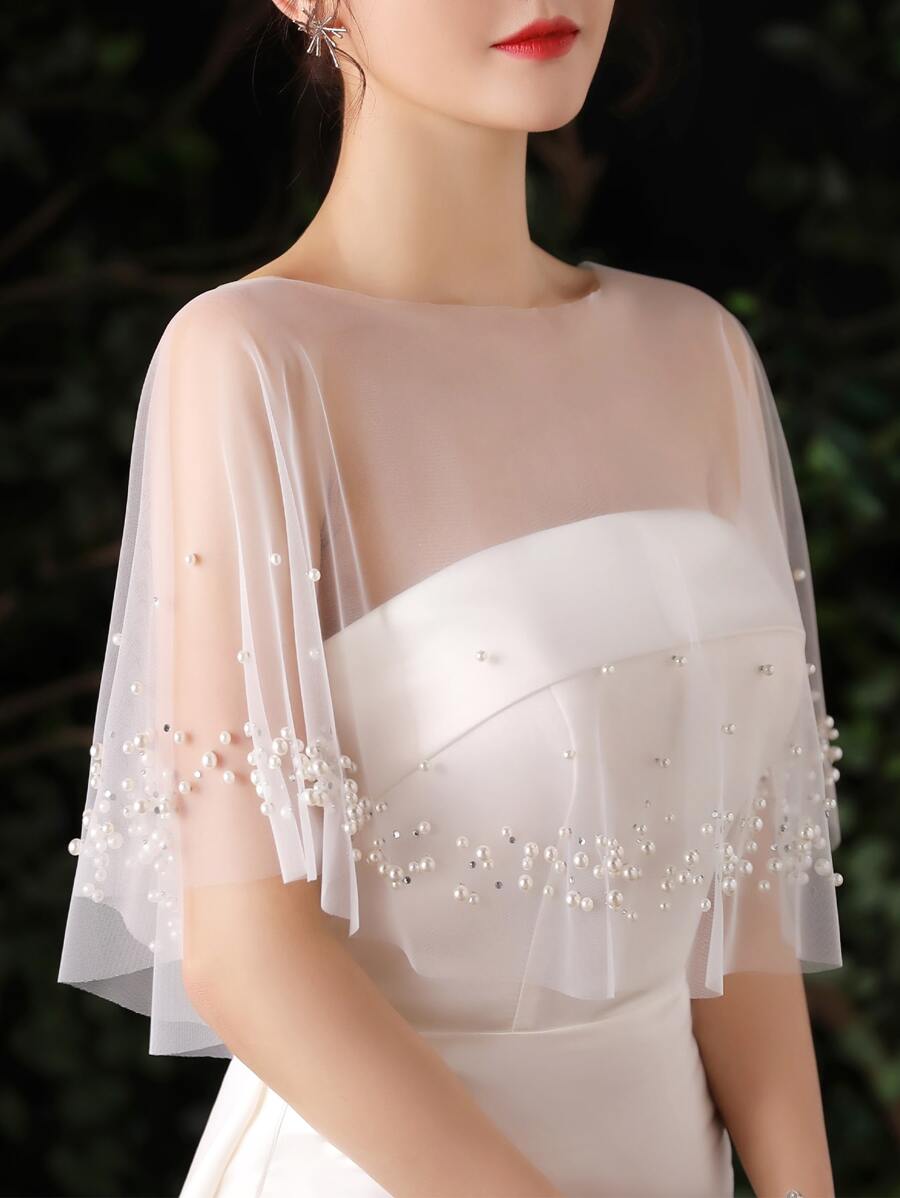 Faux Pearl Decor Wedding Wrap - White - View 1