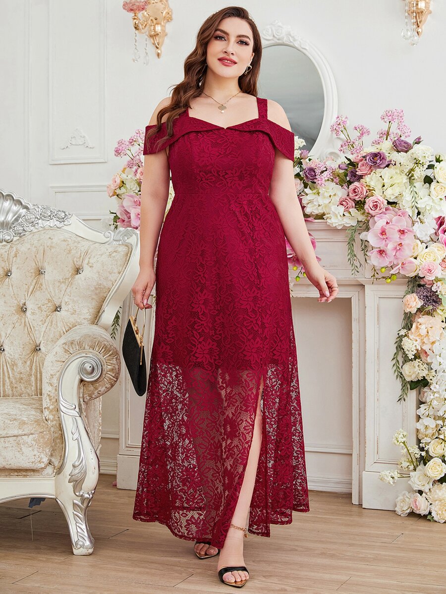 SHEIN Belle Burgundy Red Plus Cold Shoulder Split Lace Bridesmaid Dress - Burgundy - View 1
