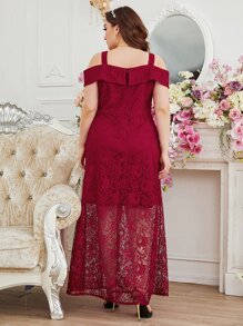SHEIN Belle Burgundy Red Plus Cold Shoulder Split Lace Bridesmaid Dress - Burgundy - View 2