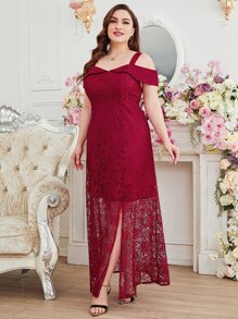 SHEIN Belle Burgundy Red Plus Cold Shoulder Split Lace Bridesmaid Dress - Burgundy - View 3