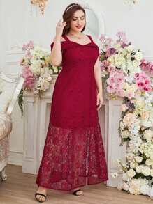 SHEIN Belle Burgundy Red Plus Cold Shoulder Split Lace Bridesmaid Dress - Burgundy - View 4