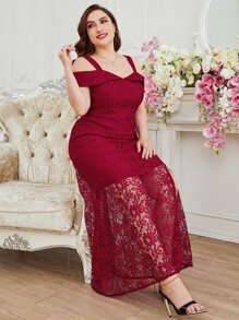 SHEIN Belle Burgundy Red Plus Cold Shoulder Split Lace Bridesmaid Dress - Burgundy - View 5