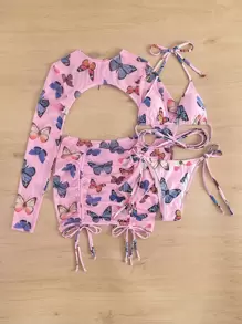 SHEIN Swim Summer Beach 4packs Butterfly Print Triangle Bikini & Cover Up Top With Skirt Set - Pink - View 4