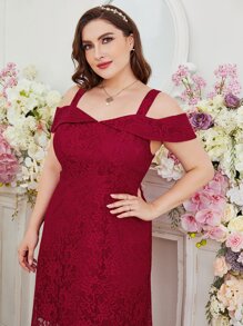 SHEIN Belle Burgundy Red Plus Cold Shoulder Split Lace Bridesmaid Dress - Burgundy - View 6